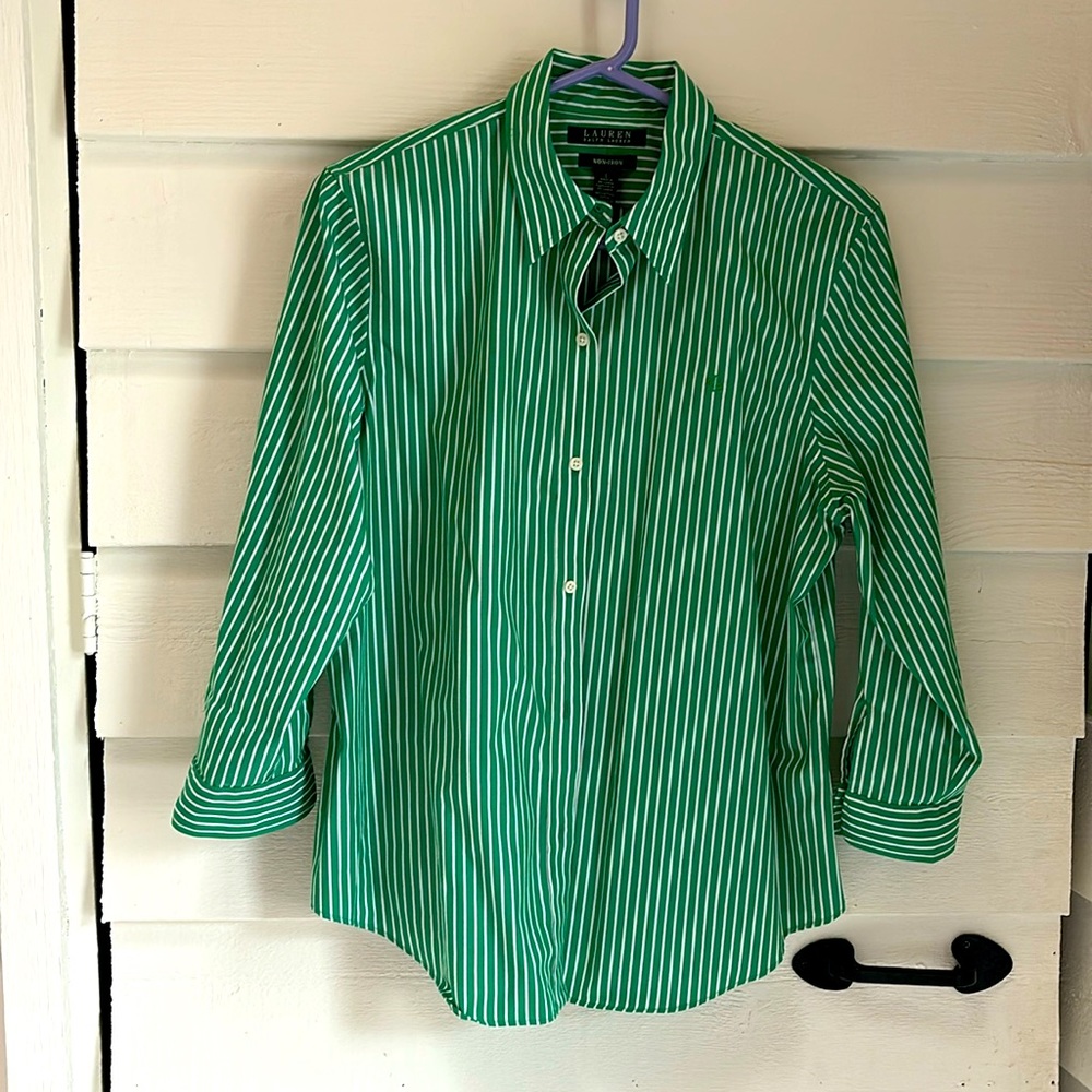 Ralph Lauren Green and White Striped Button-Down Shirt